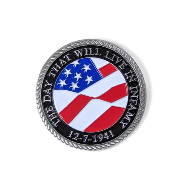 Day of Infamy Black And Silver-Brushed Challenge Coin, 39 mm