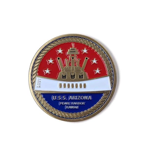 BB39 Memorial And Armed Forces Gold-Brushed Challenge Coin, 42 mm