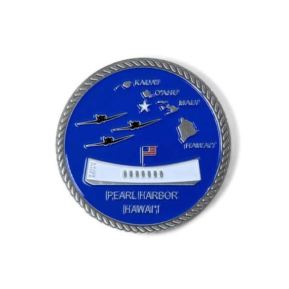 Day of Infamy Blue And Silver-Brushed Challenge Coin, 39 mm