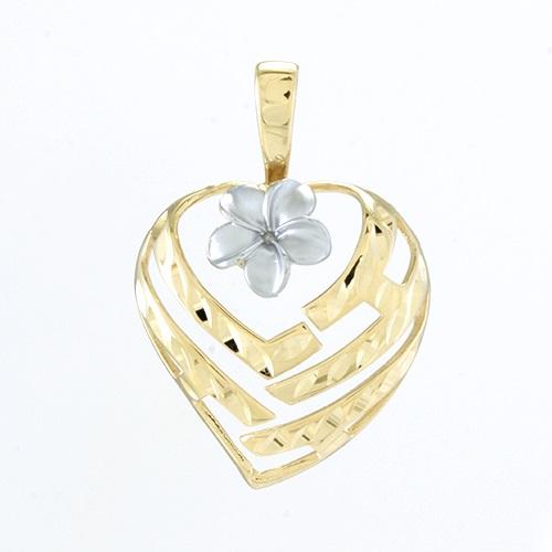 Aloha Heart With Plumeria Pendant, 14K Yellow And White Gold 18 mm