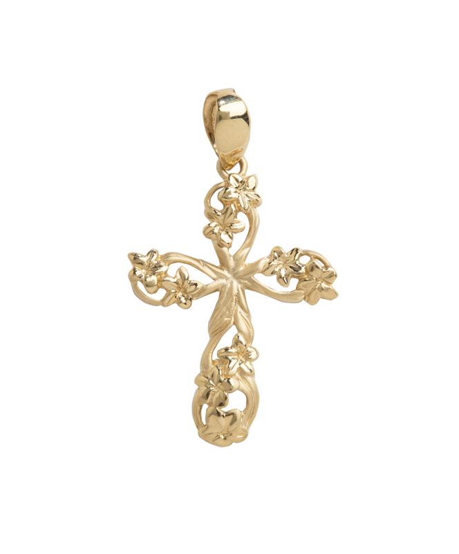 Blessed Hawaiian Plumeria Flower Cross Pendant, 14K Gold