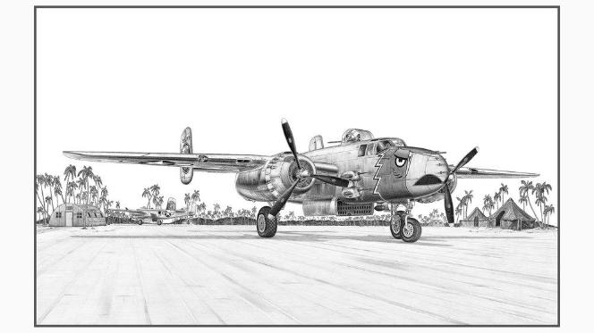 Signed B-25 Mitchell Matted Print, 11" x 6.5"