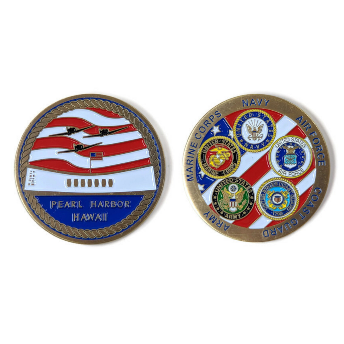 USS Arizona Memorial And Armed Forces Gold-Brushed Challenge Coin, 42 mm