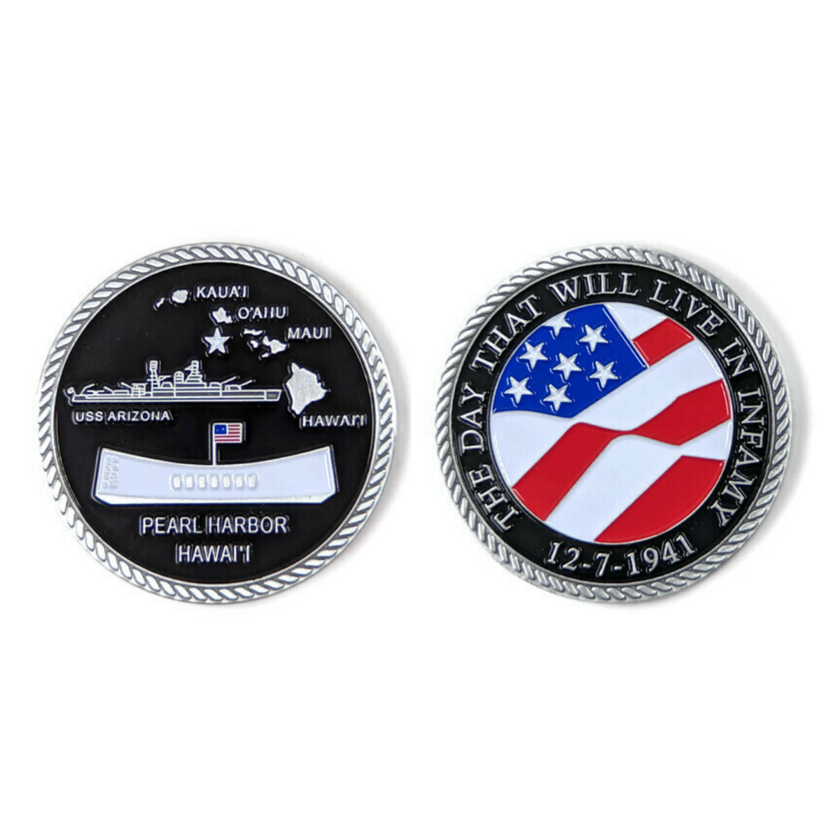 Day of Infamy Black And Silver-Brushed Challenge Coin, 39 mm