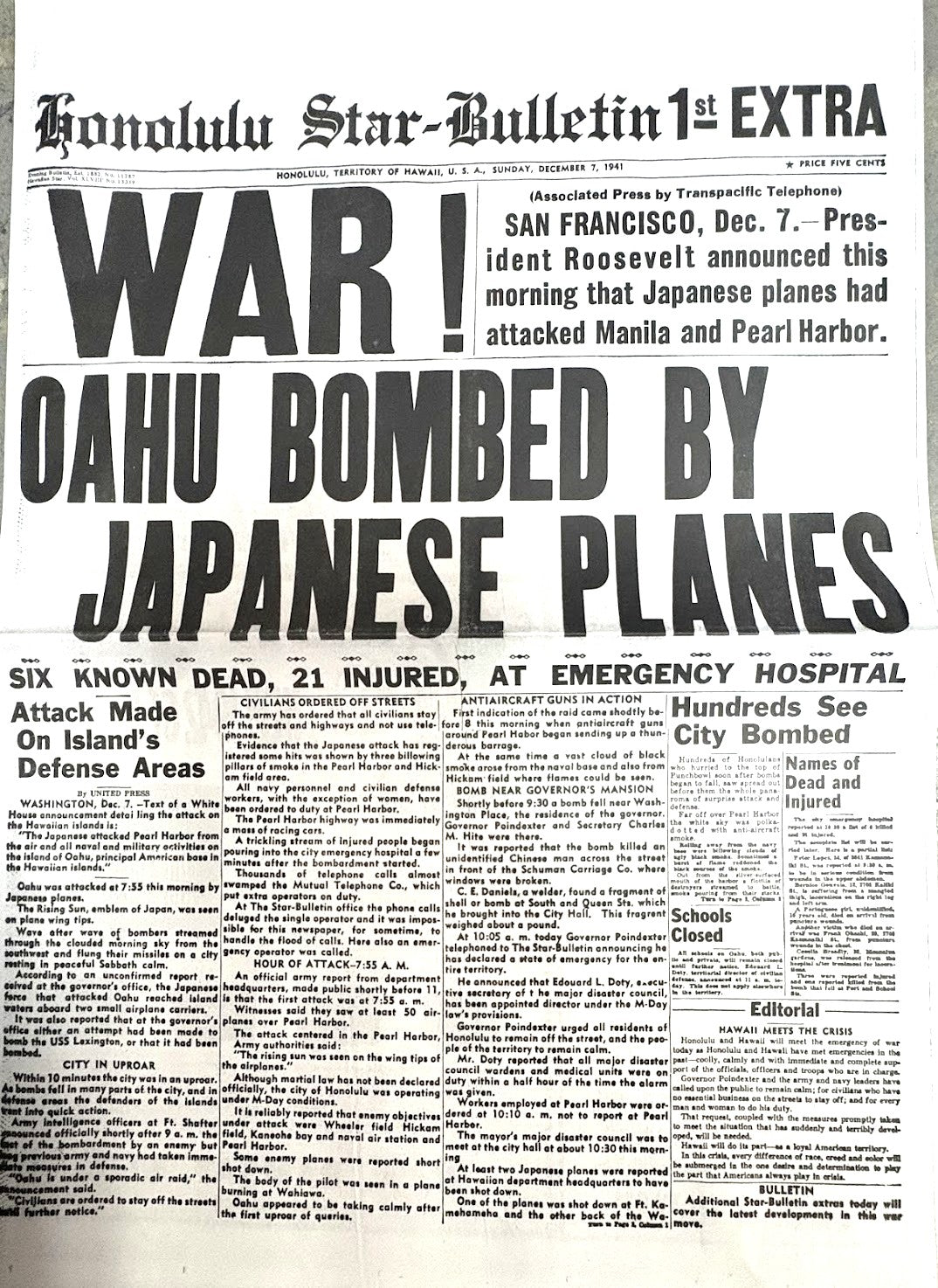 Honolulu Star-Bulletin December 7th 1941 Newspaper