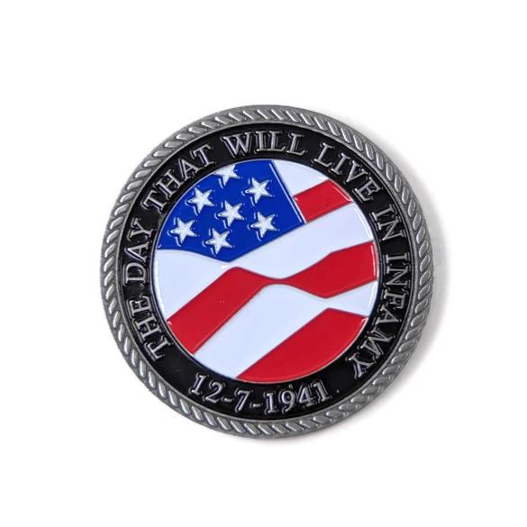 Day of Infamy Red And Silver-Brushed Challenge Coin, 39 mm