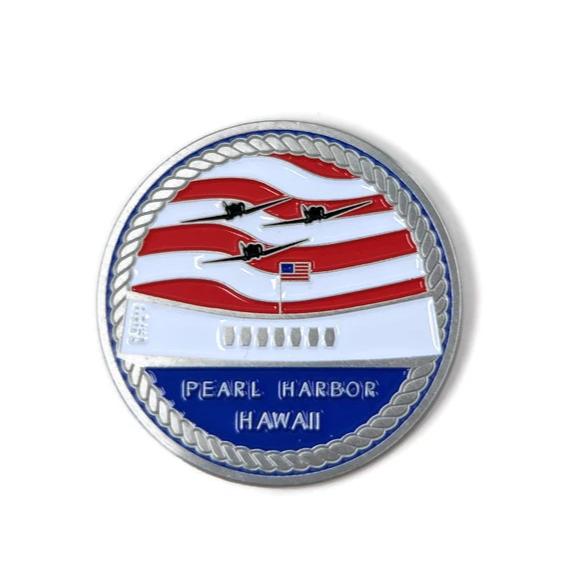 USS Arizona Memorial And Armed Forces Silver-Brushed Challenge Coin, 42 mm