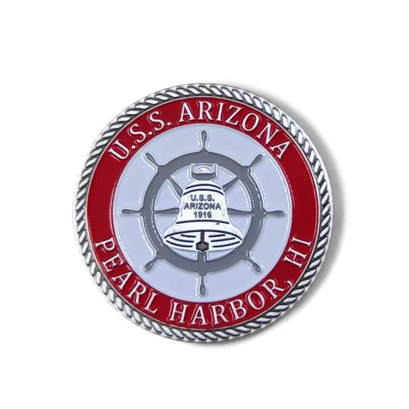 USS Arizona Bell Red And Silver-Brushed Challenge Coin, 39 mm