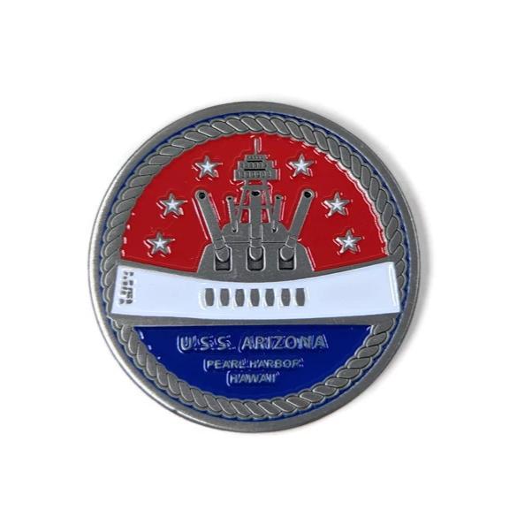 BB39 Memorial And Armed Forces Silver-Brushed Challenge Coin, 42 mm