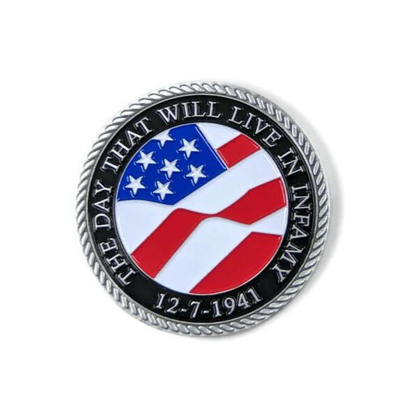 Day of Infamy Blue And Silver-Brushed Challenge Coin, 39 mm