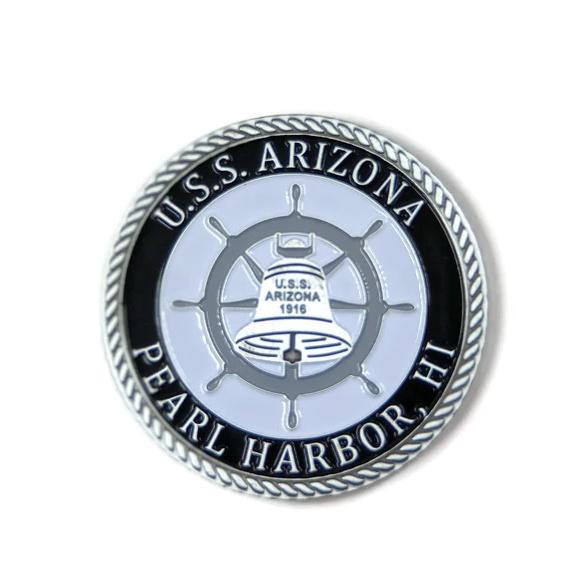 USS Arizona Battleship And Bell Silver-Brushed Challenge Coin, 39 mm