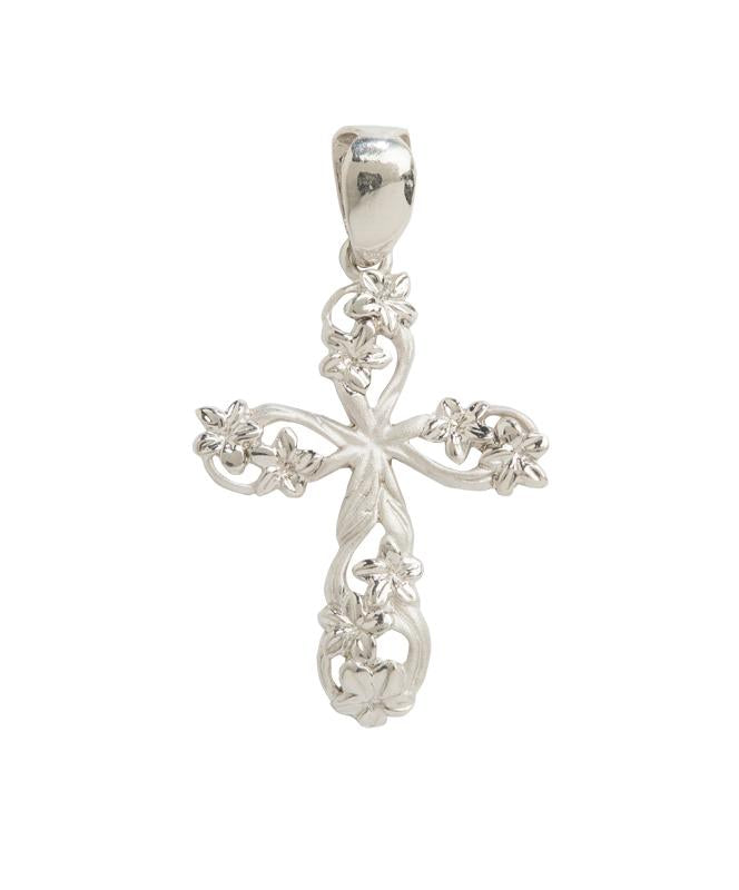 Blessed Hawaiian Plumeria Flower Cross Pendant, Sterling Silver