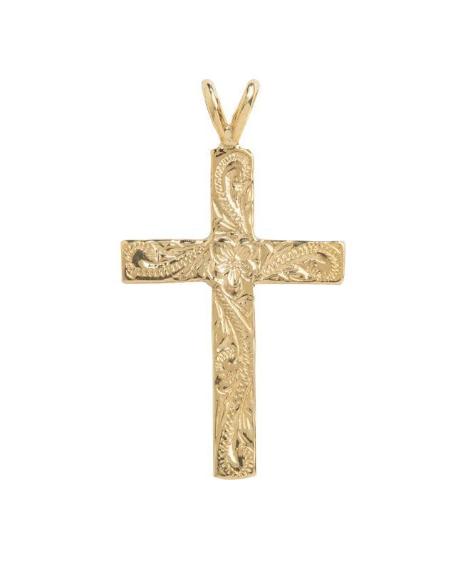 Blessed Hawaiian Plumeria Flower Cross Pendant, 14K Gold