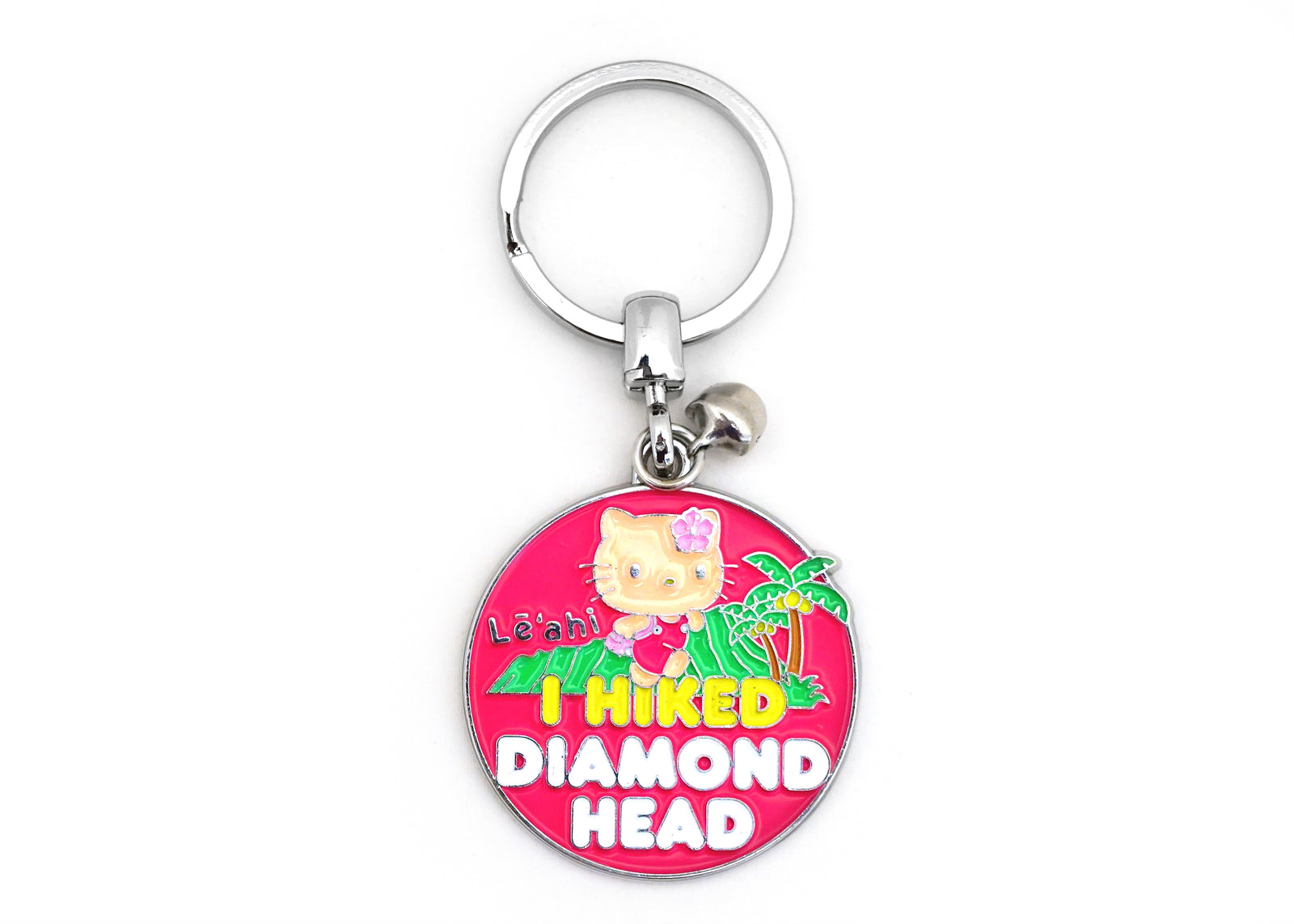 Hello Kitty Pink I Hiked Diamond Head circle, Silver Keychain