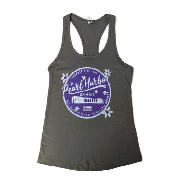 Women's Pearl Harbor Purple Floral Racerback Tank Top, Warm Grey