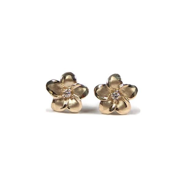 Plumeria Earrings With Diamond, 14K Gold 10 mm