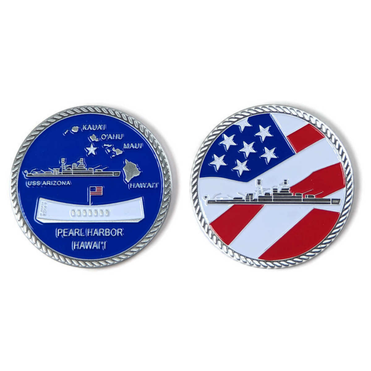 USS Arizona Blue And Silver-Brushed Challenge Coin, 39 mm
