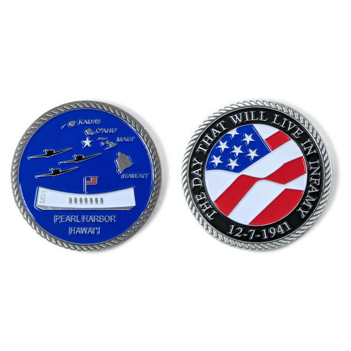 Day of Infamy Blue And Silver-Brushed Challenge Coin, 39 mm