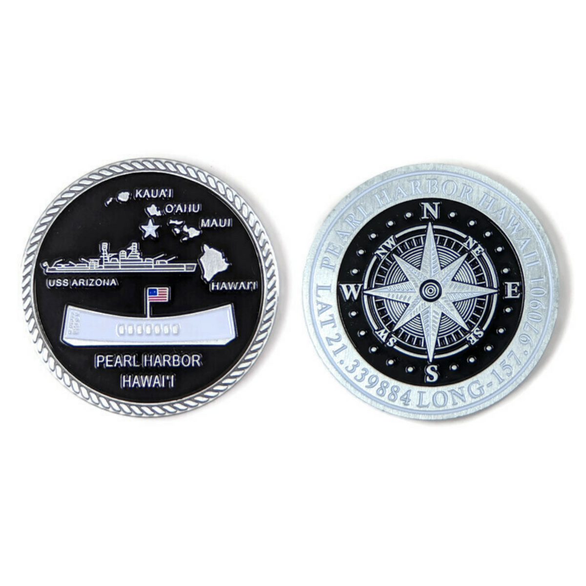 USS Arizona And Compass Silver-Brushed Challenge Coin, 39 mm