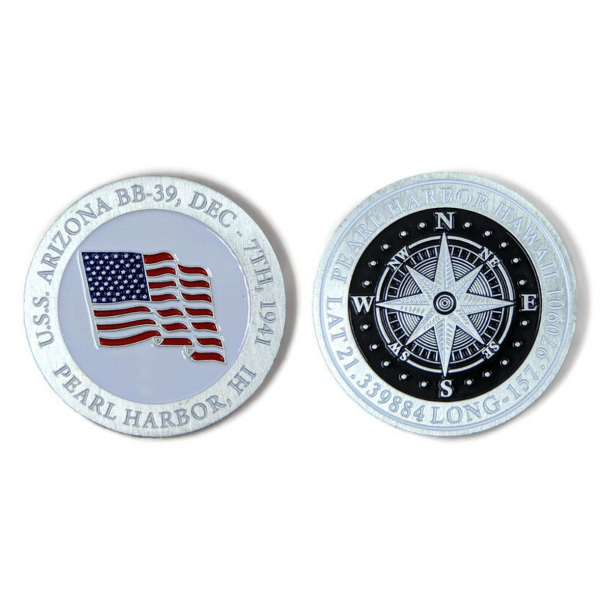 American Flag And Compass Brushed-Silver Challenge Coin, 39 mm