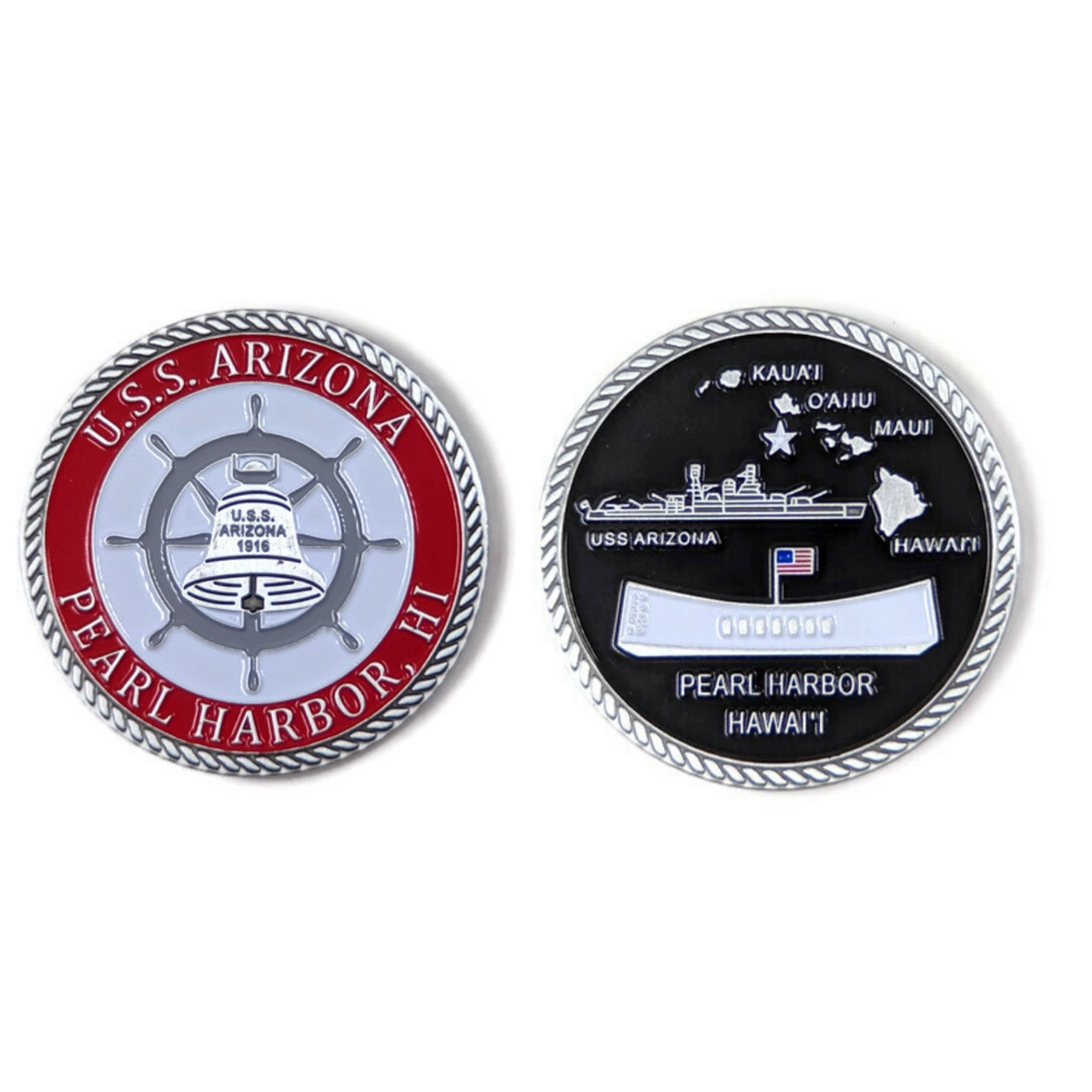 USS Arizona Bell Red And Silver-Brushed Challenge Coin, 39 mm