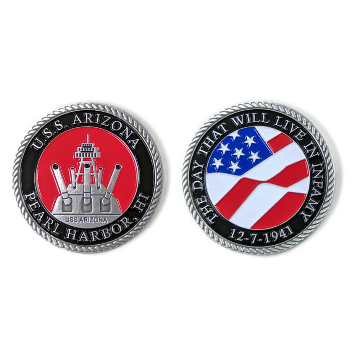 Day of Infamy Red And Silver-Brushed Challenge Coin, 39 mm