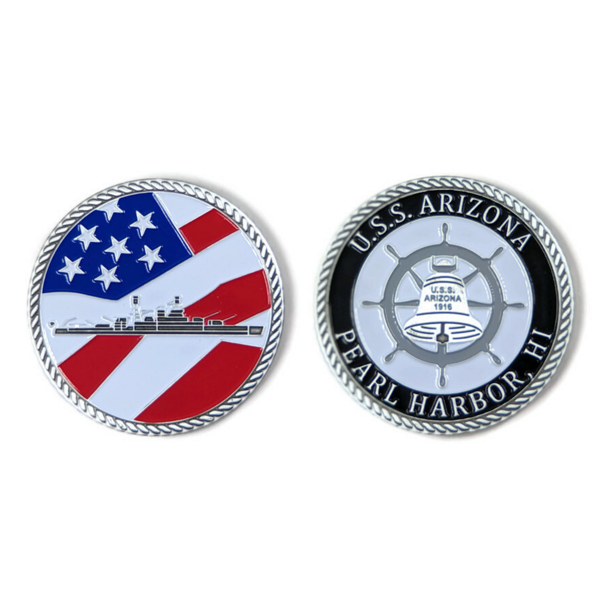 USS Arizona Battleship And Bell Silver-Brushed Challenge Coin, 39 mm