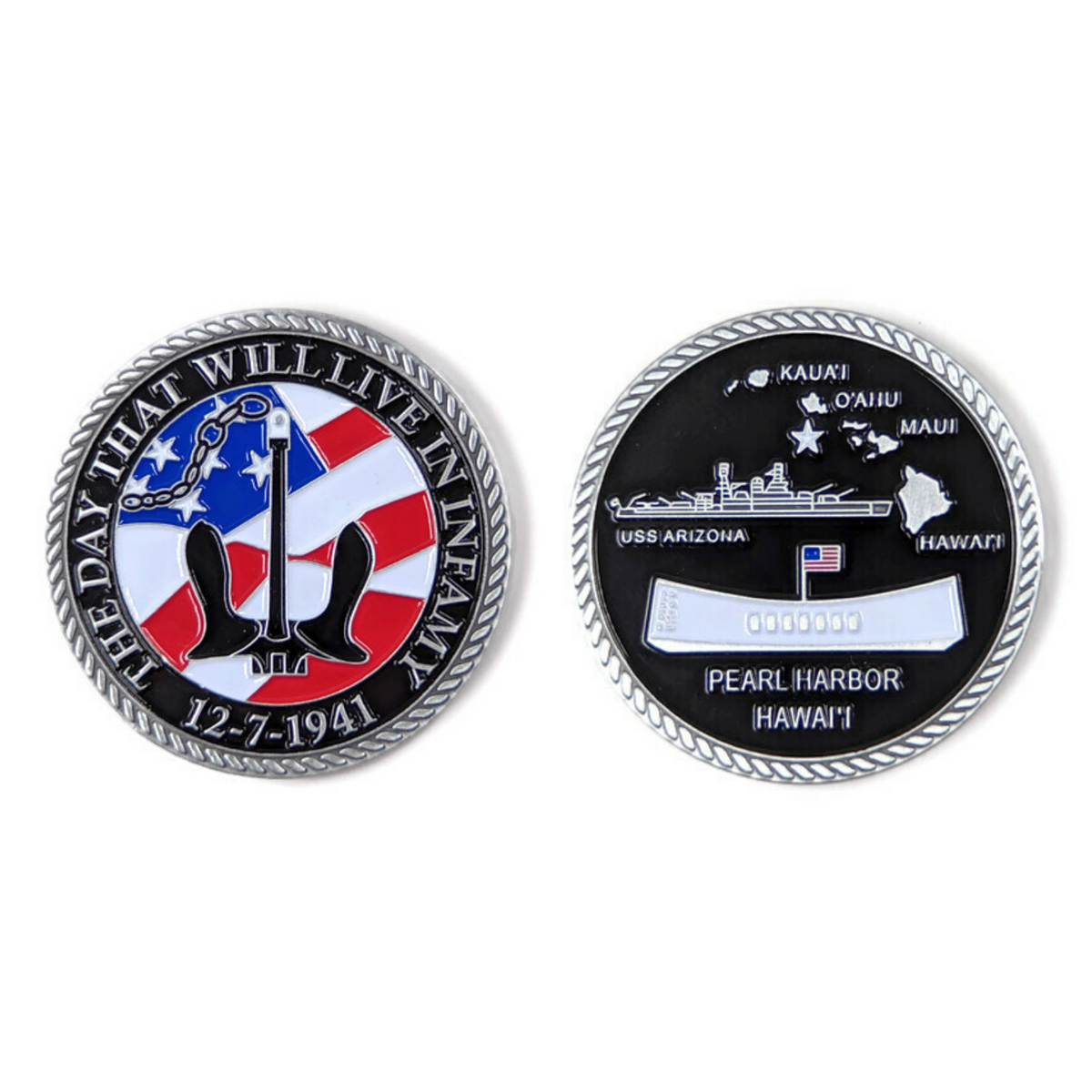 USS Arizona Anchor Black And Silver-Brushed Challenge Coin, 39 mm