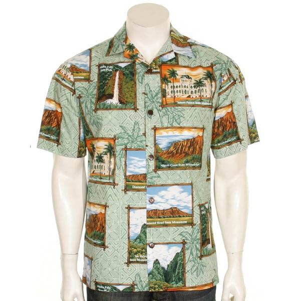 Official Hawaii State Parks Men&#39;s Aloha Shirt, Sage Green